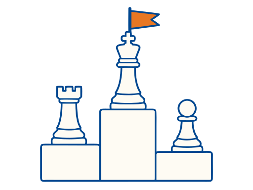 A chess king, rook, and pawn on a three-step winners’ podium