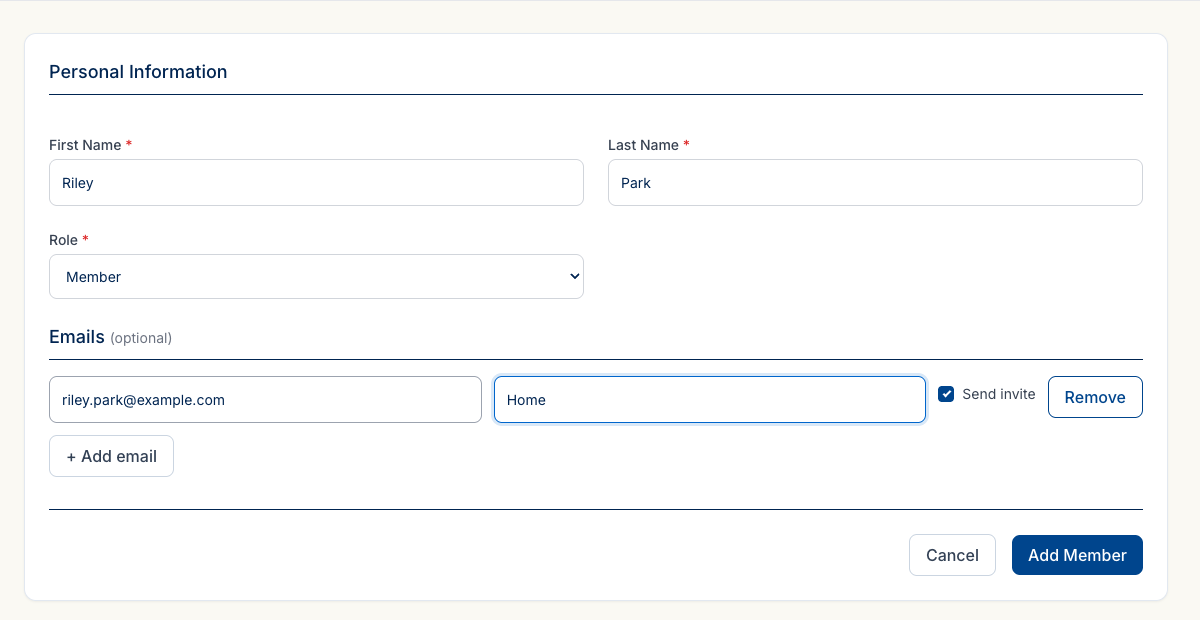 The Add Member form filled out for Riley Park with the email riley.park@example.com entered and the Send invite checkbox checked.