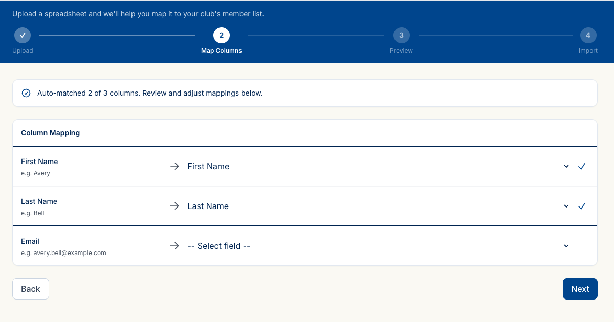 The column mapping step showing three CSV columns — First Name, Last Name, and Email — with dropdowns to map each to a Rook field.