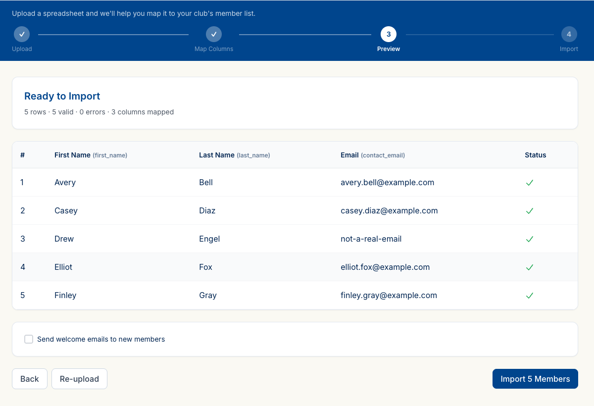 The import preview table showing five rows, all with a green checkmark in the Status column, and a summary line reading '5 rows · 5 valid · 0 errors · 3 columns mapped.'