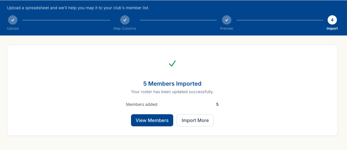 The import result screen reading '5 Members Imported · Your roster has been updated successfully.'