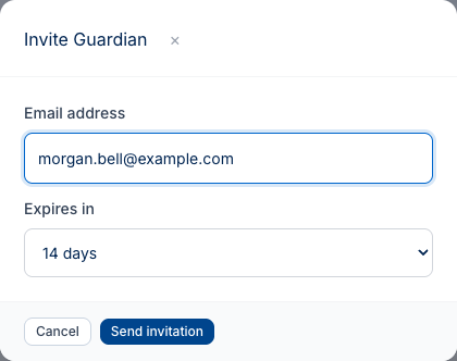 The Invite Guardian modal with an email field filled in as morgan.bell@example.com and the expiration set to 14 days.
