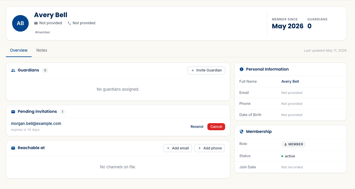 Avery Bell's member detail page showing a 'Pending invitations' section with morgan.bell@example.com listed alongside 'expires in 14 days' and Resend and Cancel buttons.