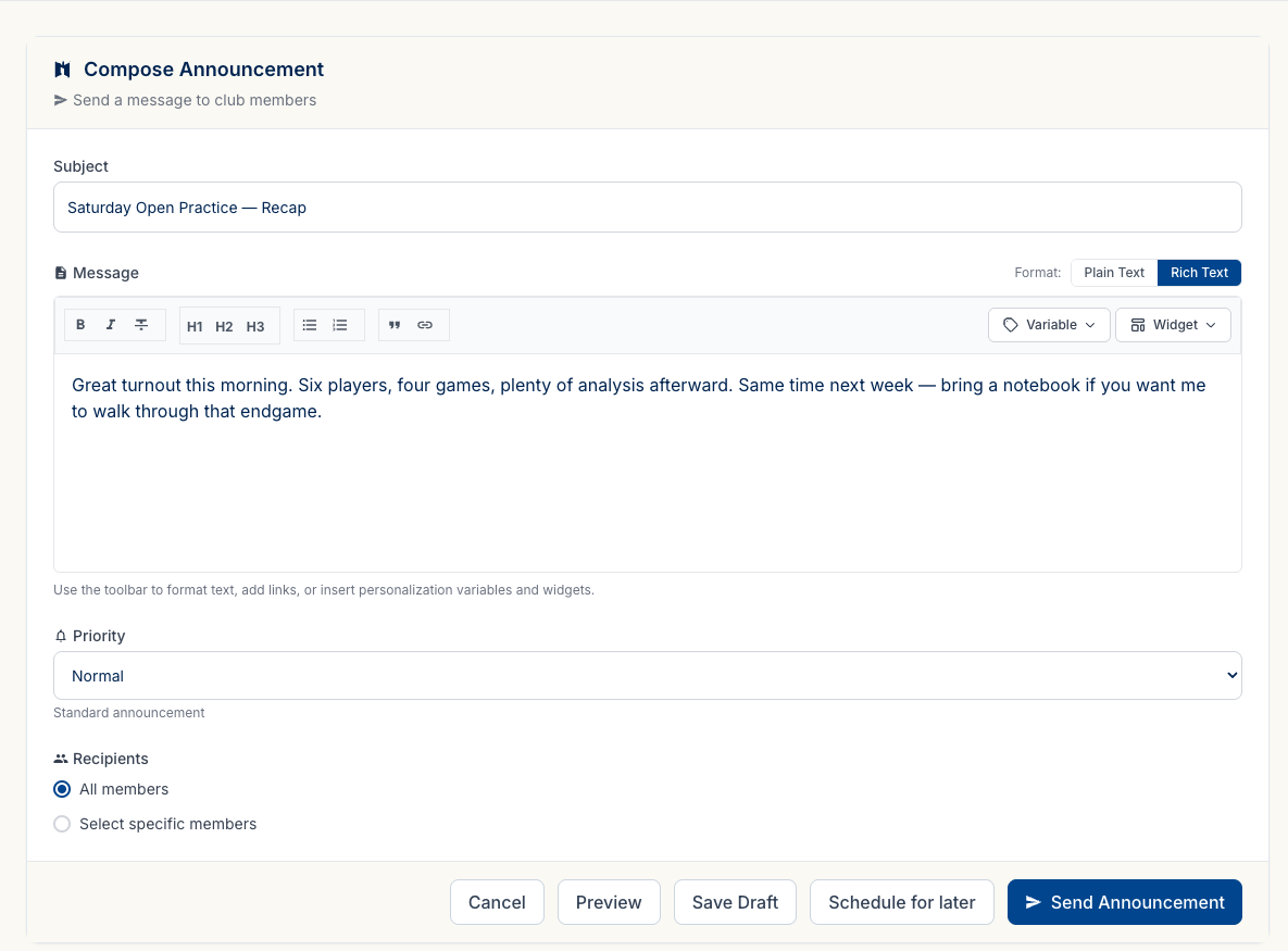 The announcement compose form showing Subject, message body with the rich text toolbar, Insert Variable and Insert Widget dropdowns, and the Priority selector.