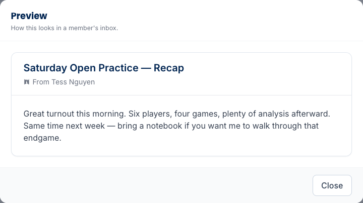 The Preview dialog showing the announcement rendered as an email with the subject line, formatted body, and From attribution reading 'From Tess Nguyen'.