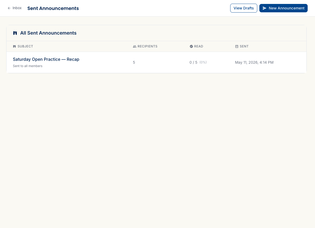 The Sent announcements page showing a table with columns for Subject, Recipients, Read (n/total, percentage), and Sent date/time.