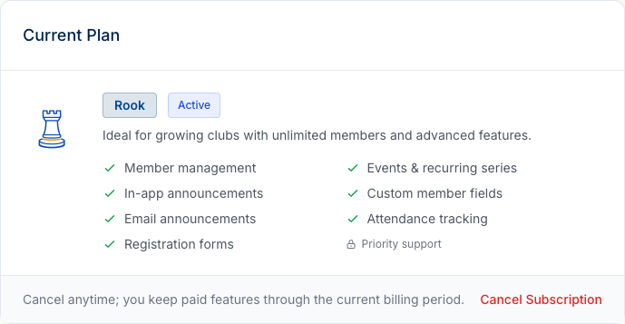The Current Plan card for an active Rook subscription, showing all features unlocked and Cancel Subscription in the footer.