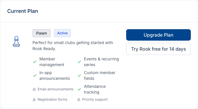 The Current Plan card on Pawn, showing the 'Try Rook free for 14 days' button.