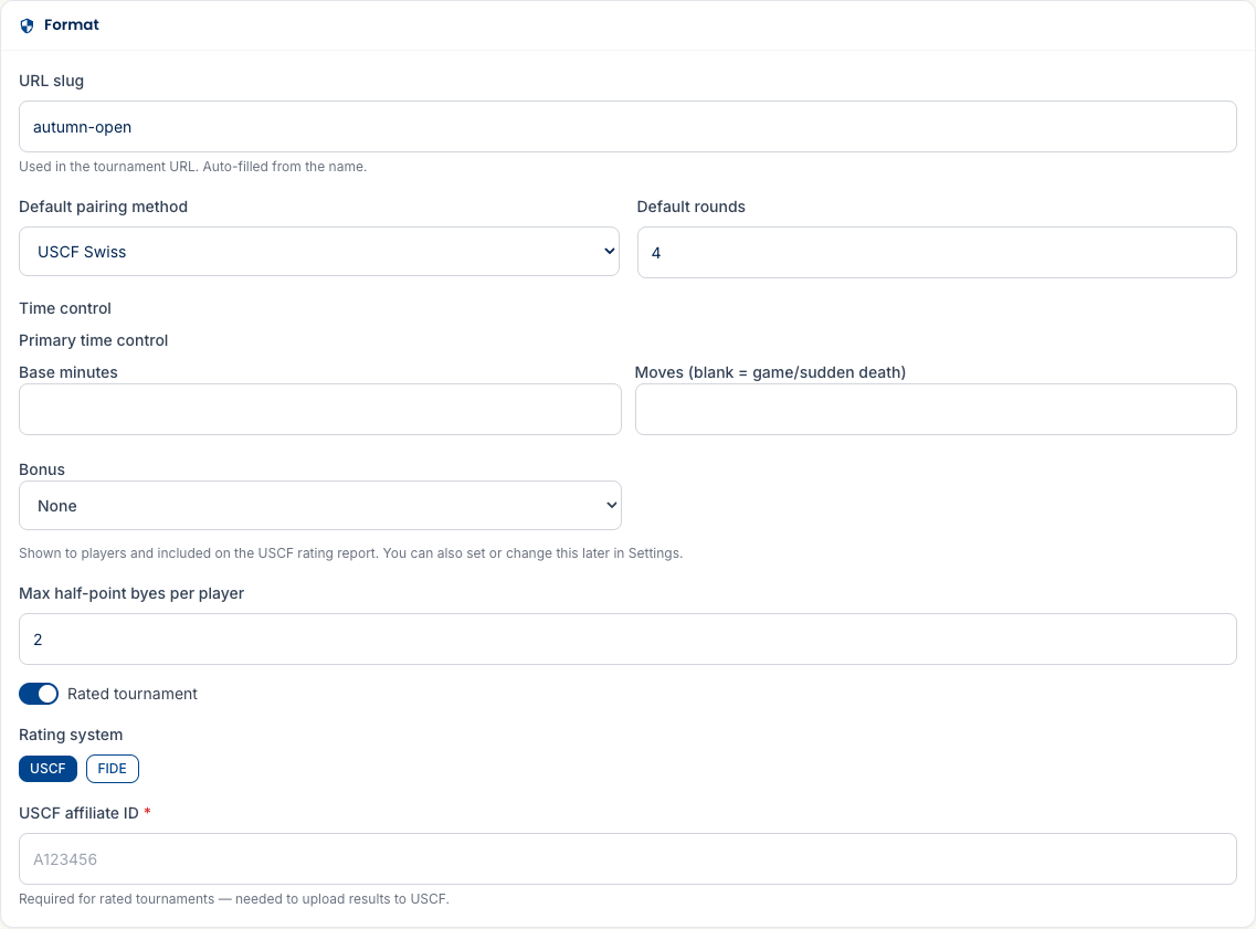 The wizard Format step — a Default pairing method dropdown listing USCF Swiss, Double Swiss, Round Robin, Double Round Robin, and Quads, plus default rounds, time control, max half-point byes, and the Rated toggle.