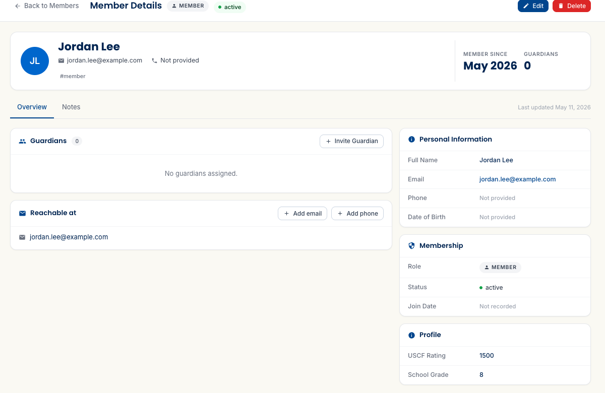 Jordan Lee's member detail page showing the Profile section on the Overview tab, with USCF Rating and School Grade fields displayed as label/value pairs below the Membership section.