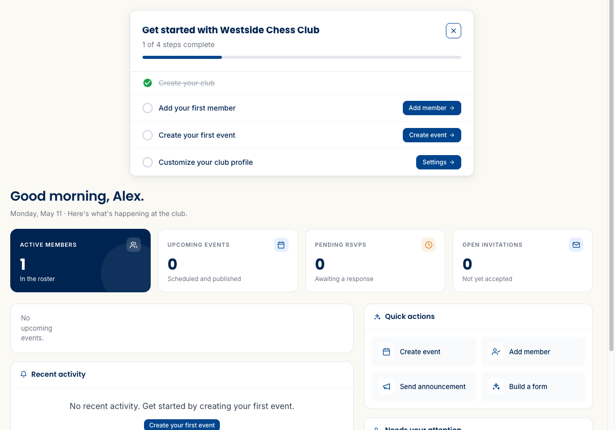 The Westside Chess Club dashboard immediately after signup, with the Get started checklist showing one of four steps complete.