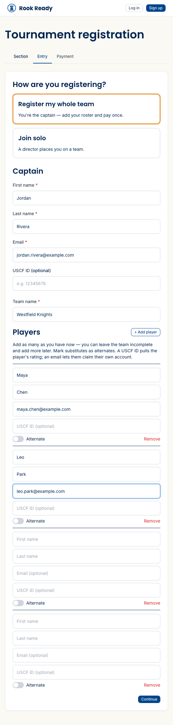 The team registration form with captain fields at the top and, per board, a player row of first name, last name, an optional email, and an optional USCF ID, plus an Alternate toggle.