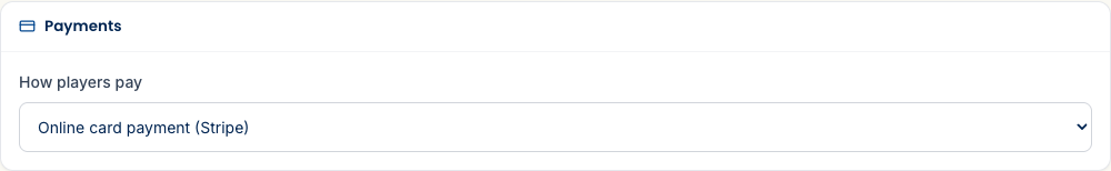 The How players pay dropdown with Stripe, offline, and external-link options.