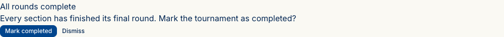 The dashboard lifecycle banner reading All rounds complete — every section has finished its final round — with a Mark completed button.