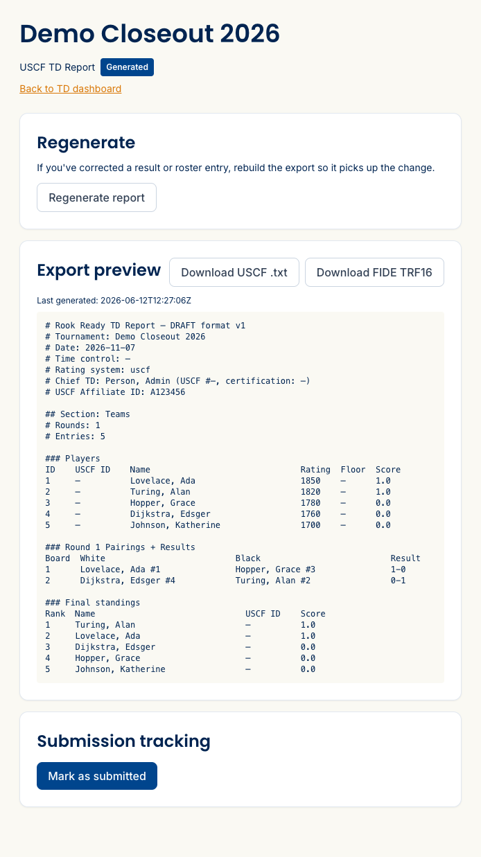 The generated TD report — status Generated, a Regenerate report control, an export preview listing players, round pairings and results, and final standings, with Download USCF .txt and Download FIDE TRF16 buttons and a Submission tracking section with a Mark as submitted button.