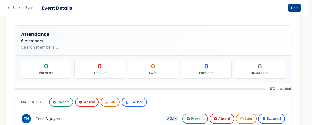 The Attendance section on an event detail page showing six member rows, each with four unmarked state buttons and a summary bar reading 0% recorded.