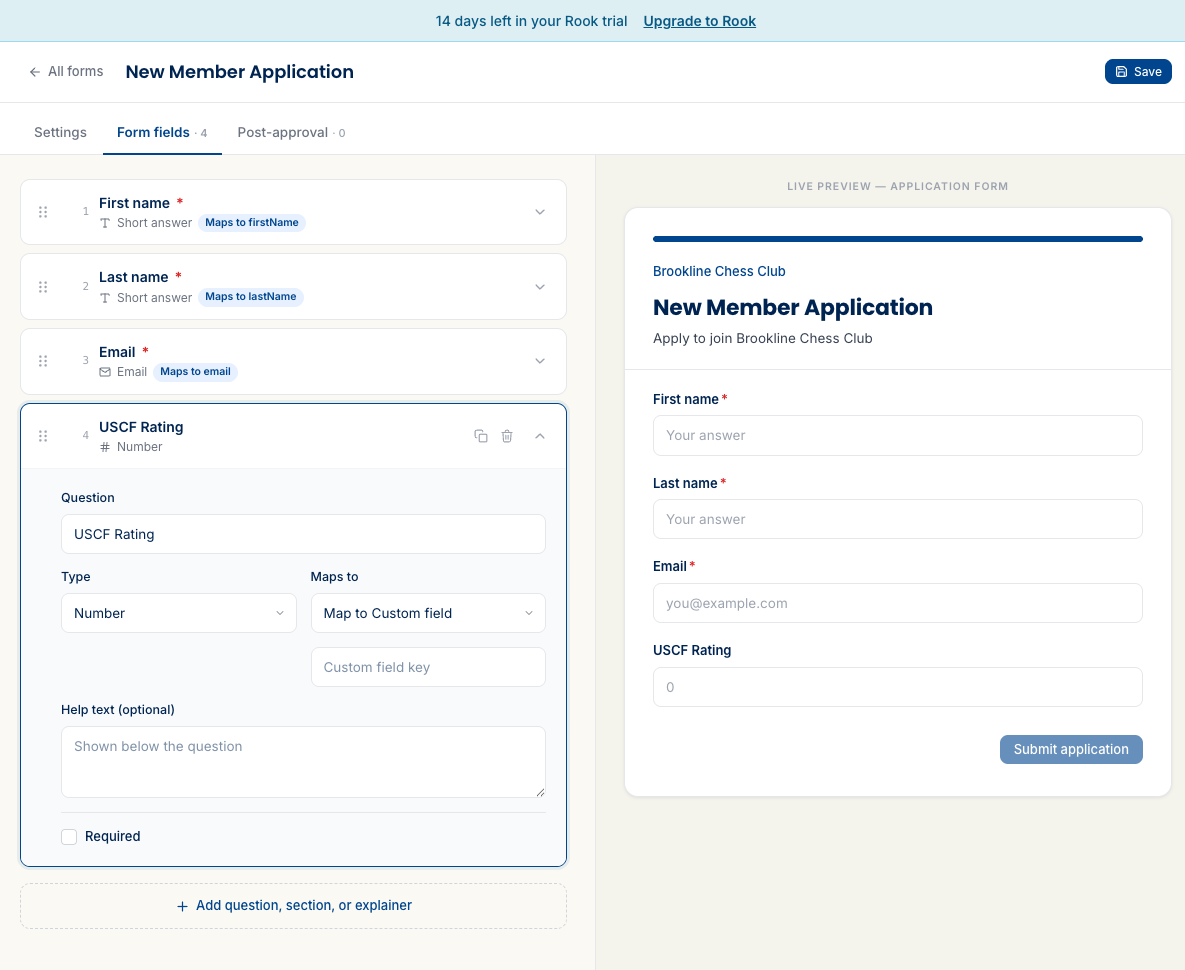 The Form fields tab showing four fields including the three default required fields and one custom addition, with an 'Add question, section, or explainer' dropdown.