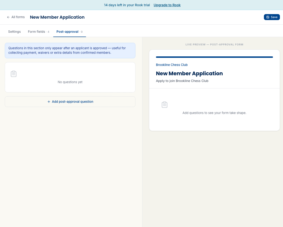 The Post-approval tab in its empty state with instructional copy explaining that questions here only appear after an applicant is approved.