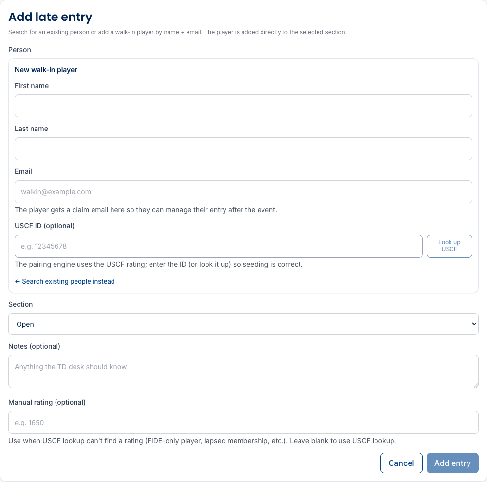 The Add late entry dialog with walk-in name and email fields, a USCF ID field with a Look up USCF button, a section selector, and a manual rating field.