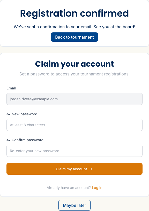 The registration confirmation screen — a Registration confirmed card above a Claim your account panel with a locked email field and two password fields.