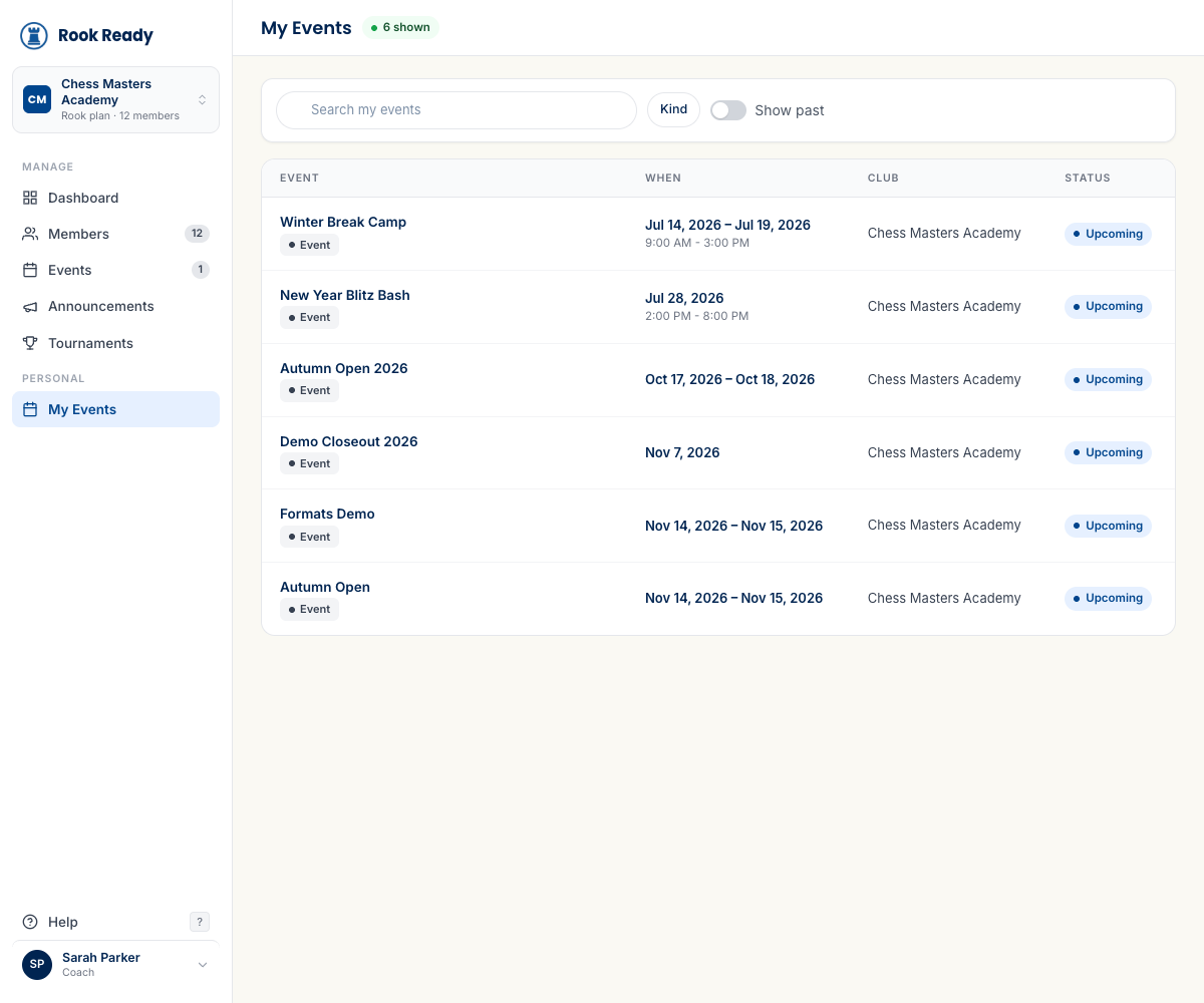 The My Events page — a cross-club table listing every event and tournament the player has joined or runs, with columns for the event, date, club, and status (Upcoming or Live), plus a search box, a Kind filter, and a Show-past toggle.