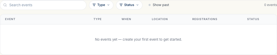 The Events list page with no events yet and an empty state message.