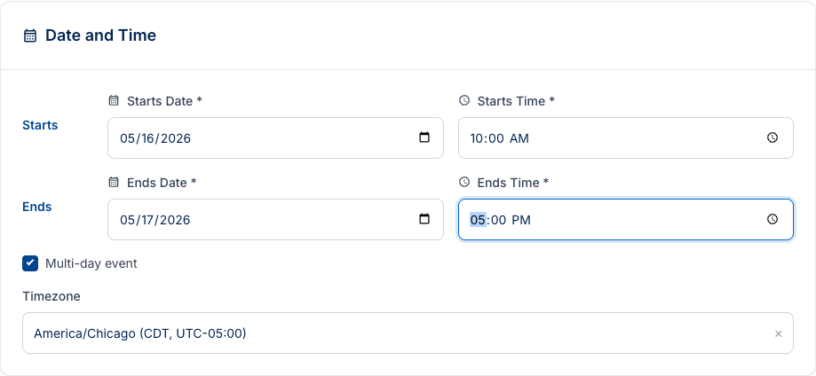 The Date and Time section in multi-day mode showing two paired rows labelled Starts and Ends, each with a date field and a time field, with the Multi-day event checkbox checked.